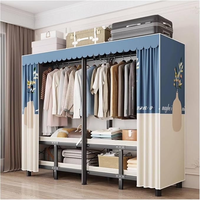 Portable Foldable Wardrobe Closet with Door - Metal Clothing Rack for Hanging Clothes, Space-Saving Coat Storage for Bedroom 