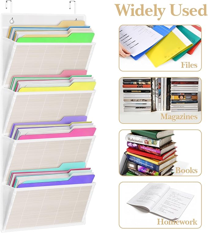 homyfort hanging wall file organizer, Over the door file folder organizer with 4 Large Bamboo Pockets, Suitable for Home, Off