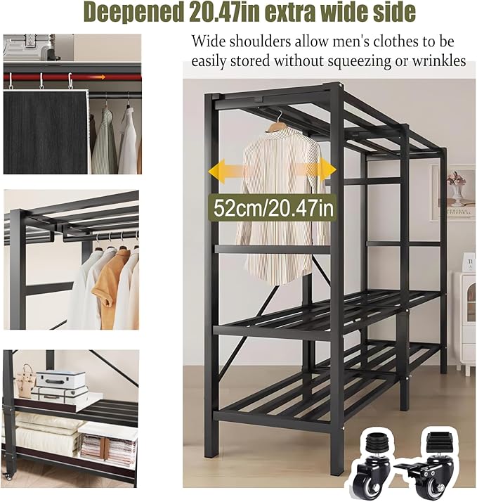 YTLEMON Heavy Duty Wardrobe Closet with Cover, Metal Rolling Clothes Rack, Foldable Portable Closet Organizer System Freestan