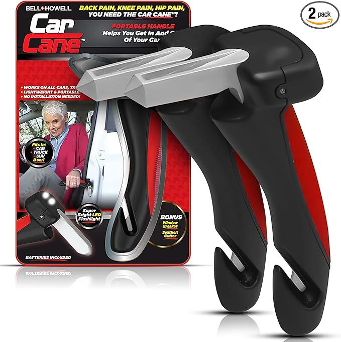 EMSON Original Car Cane 2Pk – All in 1 Car Handle Assist for Elderly Car Door Handle, Seat Belt Cutter, Window Breaker, Flash