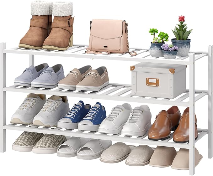 viewcare 3-Tier Long Shoe Rack, Bamboo Wood Shoe Rack for Closet, Entryway & Hallway, Stackable White Shoe Shelf Storage Orga