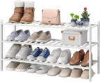 viewcare 3-Tier Long Shoe Rack, Bamboo Wood Shoe Rack for Closet, Entryway & Hallway, Stackable White Shoe Shelf Storage Orga