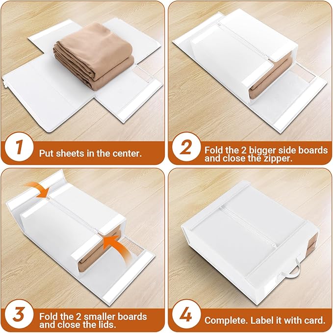 StorageTastic 4 Pack Bed Sheet Closet Organizers and Storage,Sturdy Foldable Storage Containers with Window and Label,Storage