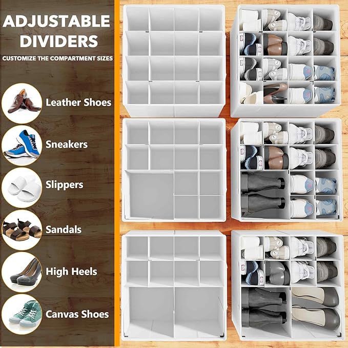 SpaceAid Shoe Organizer for Closet, 2 Pack Foldable Shoe Storage Containers Baskets Boxes Bins w/Adjustable Dividers, Fits 16