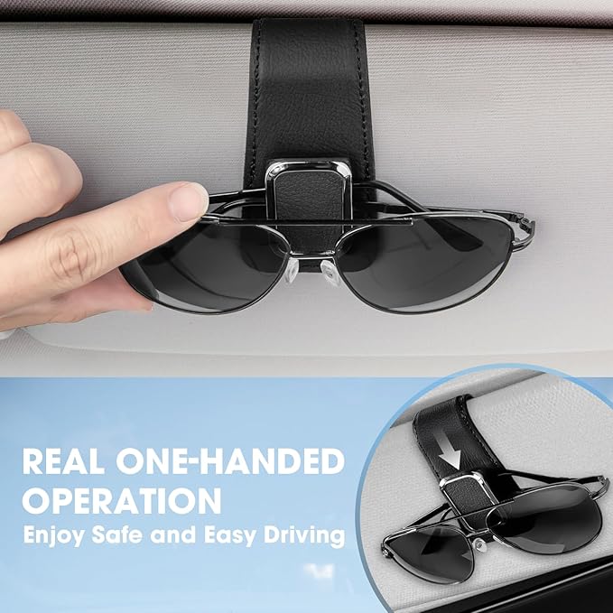 Sunglasses Holder for Car, One-Handed-Operation Leather Sunglasses Clip for Car Sun Visor, 2Pack Sturdy Eyeglasses Holder and Ticket Card Clip, Auto Interior Car Visor Accessories (Black)