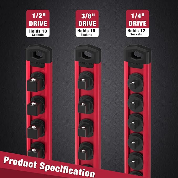 WORKPRO Magnetic Socket Organizer Set, 3-Piece Aluminum Alloy Socket Rail, Heavy Duty Socket Holder, Socket Rack Kit 1/4-Inch