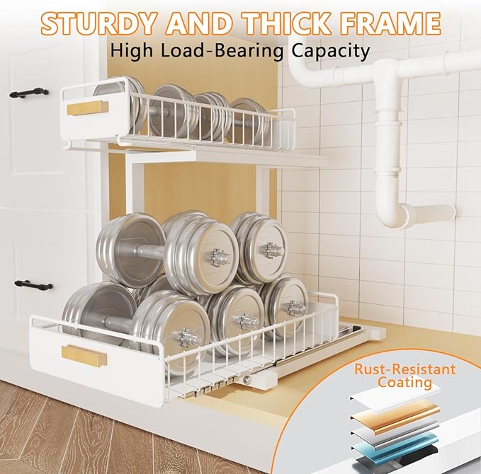 2 Pack Under Sink Organizer with Ball Bearing Sliding Drawer, Heavy Duty Pull Out Cabinet Organizer, 2 Tier Adjustable Storag