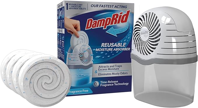 DampRid Reusable Moisture Absorber with 4 Drop-In Tablets, Fragrance Free, 15.8 oz., Attract and Trap Excess Moisture &