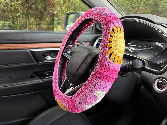 Handmade Crochet Sun and Moon Car Steering Wheel Covers Universal 14-15 inch for Women and Men (A,Steering Wheel Cover)