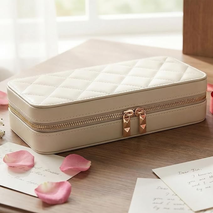 Travel Jewelry Case with Mirror, Quilted Small Jewelry Box Organizer for Women Girls, Portable Earring Necklace Bracelet Ring