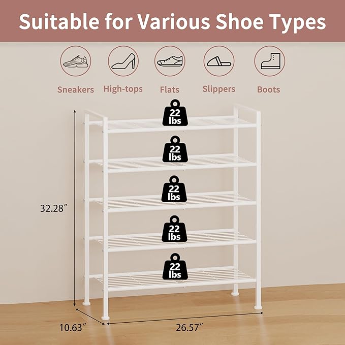 5 Tier Shoe Rack,Metal Shoe Storage Organizer Shelf for Closet,Entryway, Garage,Narrow Space(White, 5 Tier)