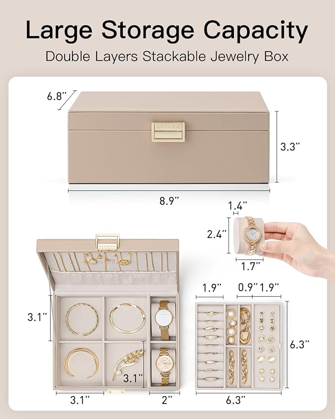 VLANDO Jewelry Organizer,2 Layer Jewelry Box Large Jewelry Organizer for Women Removable Jewelery Tray with Watch Pillow for 