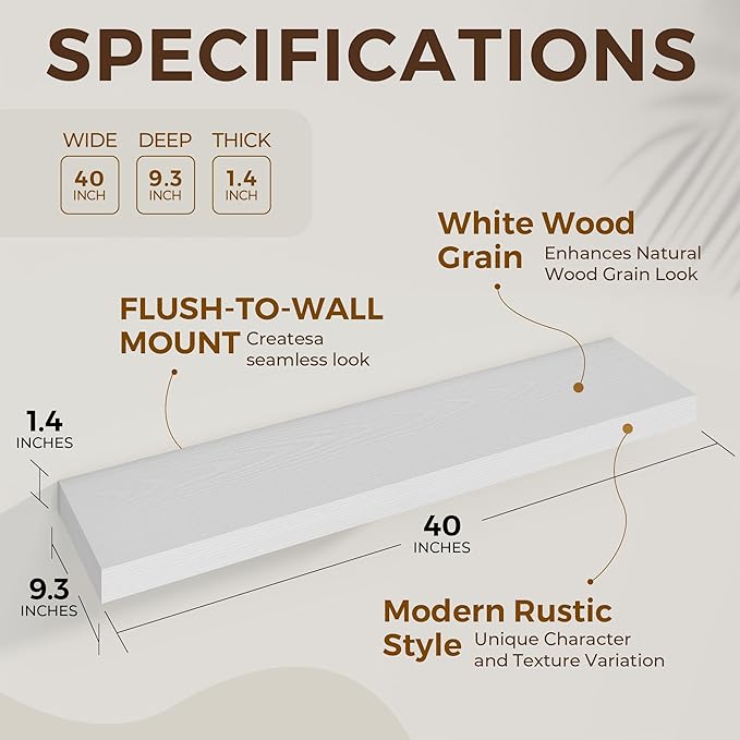 Dreamland 40 Inch Long Floating Shelves in White,9.3 Inch Deep Floating Shelf for Wall,Large Display & Storage Shelf, Wall Sh