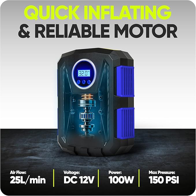 FORTEM Tire Inflator Portable Air Compressor, Air Pump for Car Tires and Bikes, Car Tire Pump w/Auto Shut Off, 150 PSI, 12V DC, LED Light, Carrying Case, for Men, Women