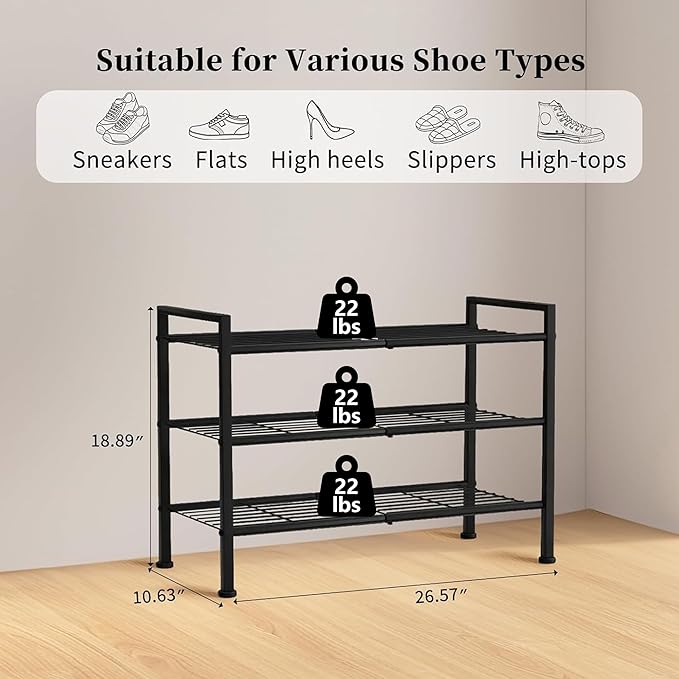 3-Tier Adjustable Shoe Rack, 26.5-Inch Wide Metal Storage Organizer for Closet Entryway, Heavy-Duty Stand for Shoes, Books, o