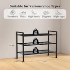 3-Tier Adjustable Shoe Rack, 26.5-Inch Wide Metal Storage Organizer for Closet Entryway, Heavy-Duty Stand for Shoes, Books, o