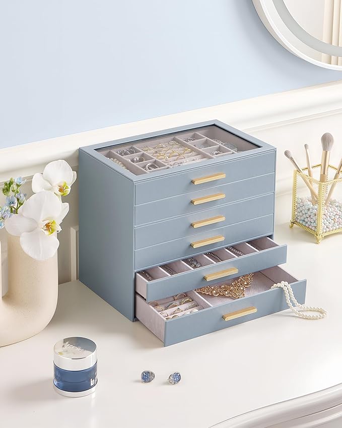 Lolalet Jewelry Box Organizer, 6-Layer Jewelry Organizers and Storage Case with Glass Lid, Ring Earring Bracelet Necklace Hol