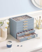 Lolalet Jewelry Box Organizer, 6-Layer Jewelry Organizers and Storage Case with Glass Lid, Ring Earring Bracelet Necklace Hol