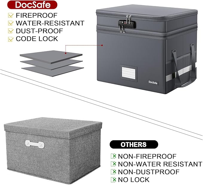 DocSafe File Box with Lock,Multi-Layer Fireproof Document Box Collapsible File Storage Organizer with Pockets/Handle,Large Po
