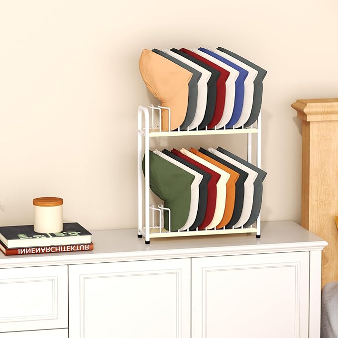 SWTYMIKI Hat Stand for Baseball Caps - 2 Tier Wood & Metal Tabletop Hat Organizer Storage Display Rack, Holds up to 20 Caps f