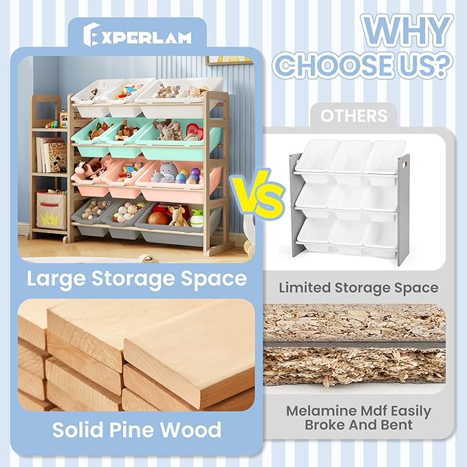 Toy Storage Organizer - Toy Organizers and Storage with Bookshelf, Toy Storage Shelf with 3 Shelves and 12 Storage Bins, Kids