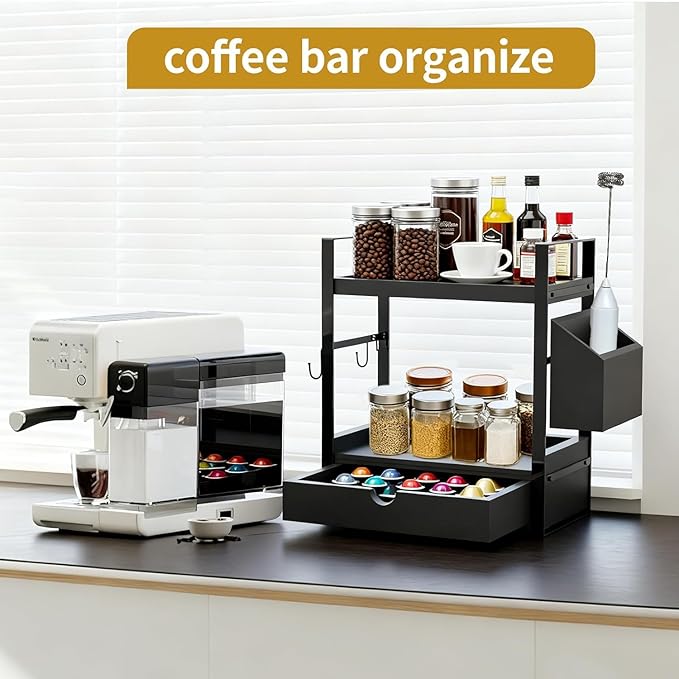 2-Tired Bathroom Counter Organizers and Storage, Coffee Bar Organizer with Drawer, Solid Wood Skincare Perfume Organizer for 