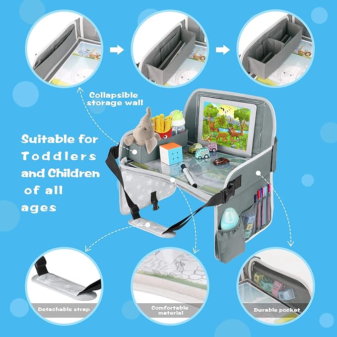 MENZOKE Kids Travel Tray for Toddler Car Seat, Toddler Gift for Boy Activities with Dry Erase Board & iPad Holder Stand, Road