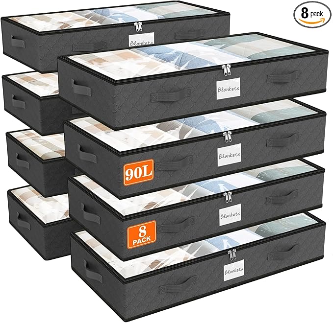 SpaceWhisper 90L Under Bed Storage Containers, 8-Pack Storage Bins with Clear Top, Foldable Closet Organizers and Storage wit