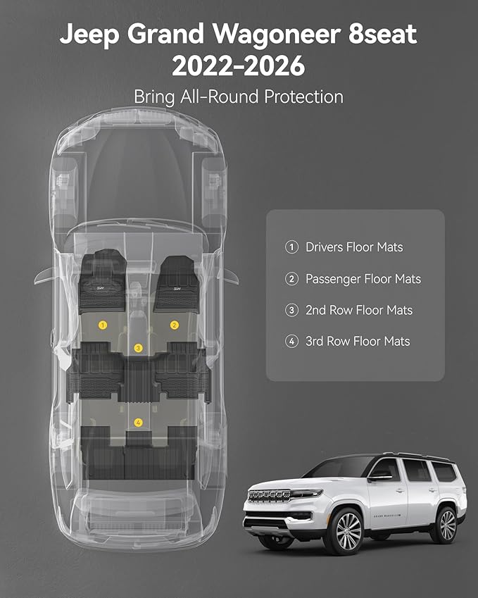 3W Floor Mats Fit for Jeep Grand Wagoneer/Grand Wagoneer L 2022-2025 2026 8 seat (Not Fit for 7 seat), All Weather TPE Floor Liner for 1-3 Rows Full Set Car Mats Black
