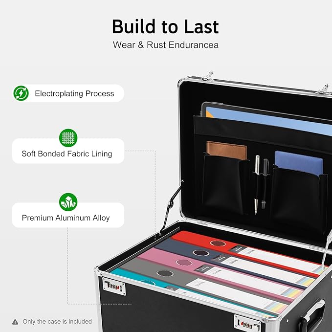Locking File Storage Box with Telescopic Handle & Wheels - Aluminum Alloy Portable Document Case, Dual Password Security for 