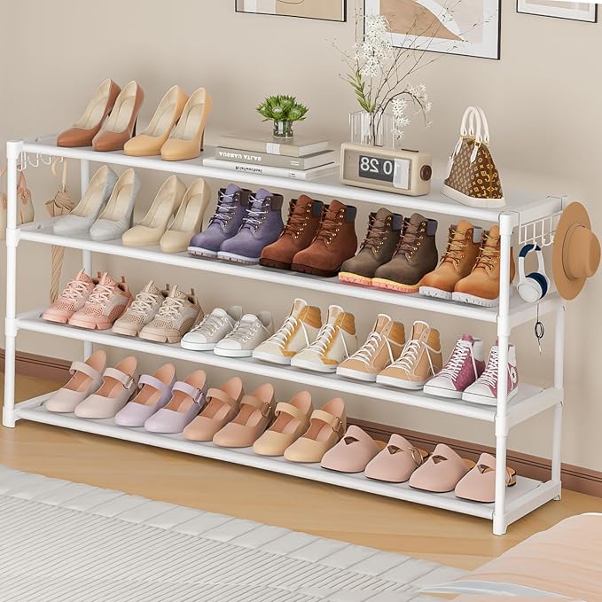 LUKYTOWER Extra Long Shoe Rack 4 Tier Shoe Storage Organizer with 2 Hooks, Wide Stackable Shoe Organizer Racks for Closet Ent