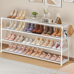 LUKYTOWER Extra Long Shoe Rack 4 Tier Shoe Storage Organizer with 2 Hooks, Wide Stackable Shoe Organizer Racks for Closet Ent