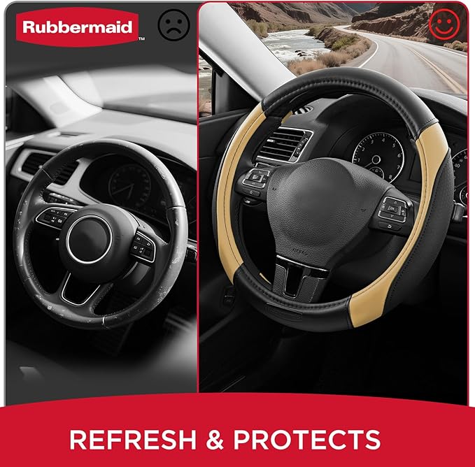 Rubbermaid Steering Wheel Cover – Universal Fit 14.5"–15" Steering Wheel Cover, Anti-Slip Grip, Breathable Leather, All-Seaso