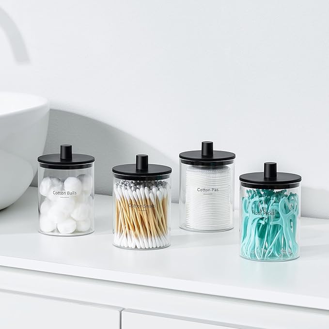 TIPGO Glass Qtip Holder Dispenser - 10 oz Clear Canister Apothecary Jar, Bathroom Vanity Storage Organizer Set for Cotton Swa