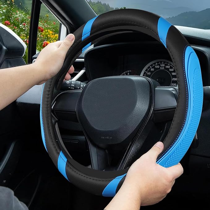 Concave Convex Massage Black Blue Microfiber Leather Steering Wheel Cover, 14.5-15 Inch Non-Slip Breathable Microfiber Car St