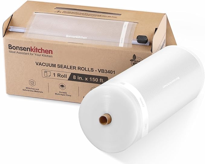 [2025 New] Bonsenkitchen 8” x 150’ Vacuum Sealer Bags Rolls with Cutter for Food Storage, Commercial Grade, BPA Free, Great f