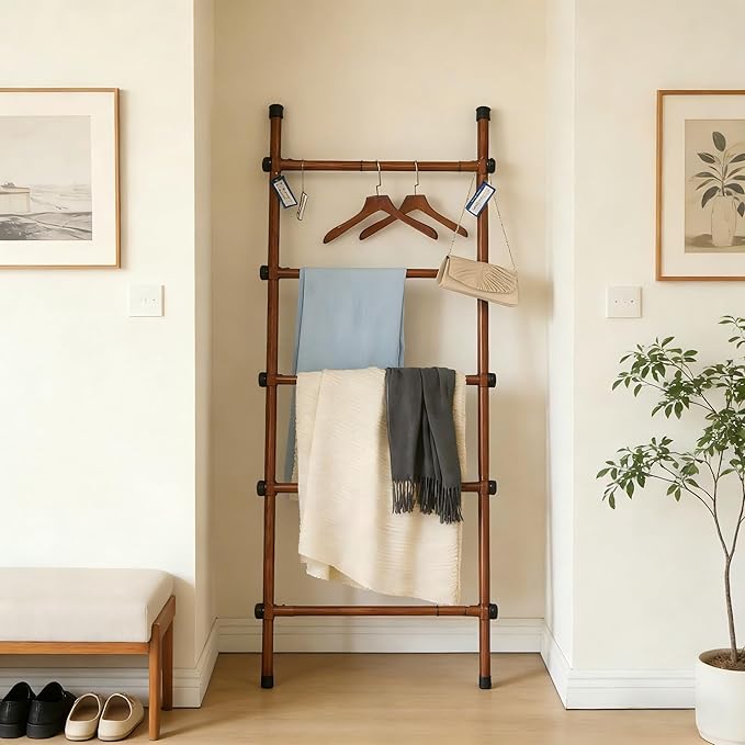 SIBRAD Expandable Blanket Ladder for Living Room, Adjustable Width (17.3"-32.3") Tall Metal Quilt Rack Wall Leaning, Rustic B
