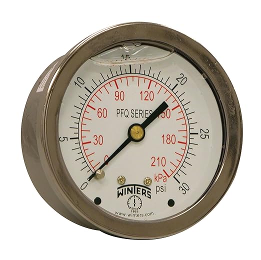 Winters 2-1/2" Dial Size, Liquid Filled Industrial Pressure Gauge, Brass Internals, 304 Stainless Steel Case, Dual Scale 0-30 psi/kPa, 1.5% Acc, 1/4" NPT Back Mount, Glycerin Filled Pressure Gauge