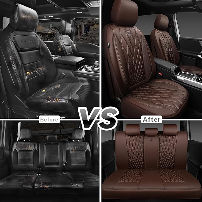 CAR PASS Piping Luxury Faux Leather Seat Covers Full Set, 5 Seats Anti-Slip Waterproof Seat Covers Compatible with Front Armr