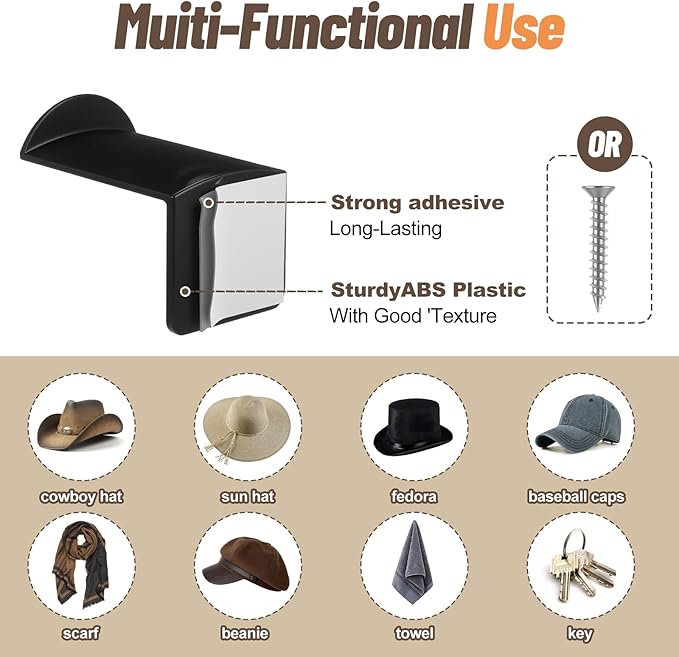 20 Pack Hat Hooks for Wall, 2.8‘’ Strong Adhesive Cowboy Hat Rack with Anti-Slip Teeth, Suitable Sun Hats, Fedora, Wide Brim 
