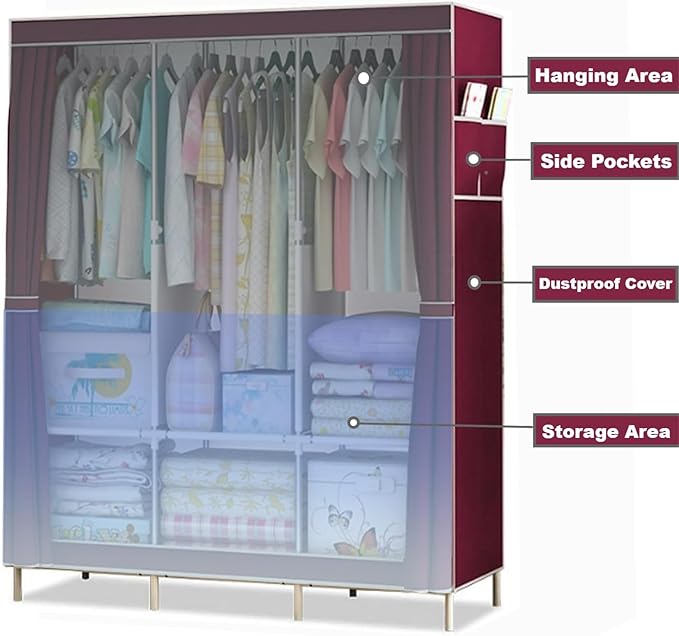 Clothes Organizer 3 Hanging Rod Shelf Portable Closet with Cover Clothes Rack Standing Closet Clothes Storage Wardrobe Garmen
