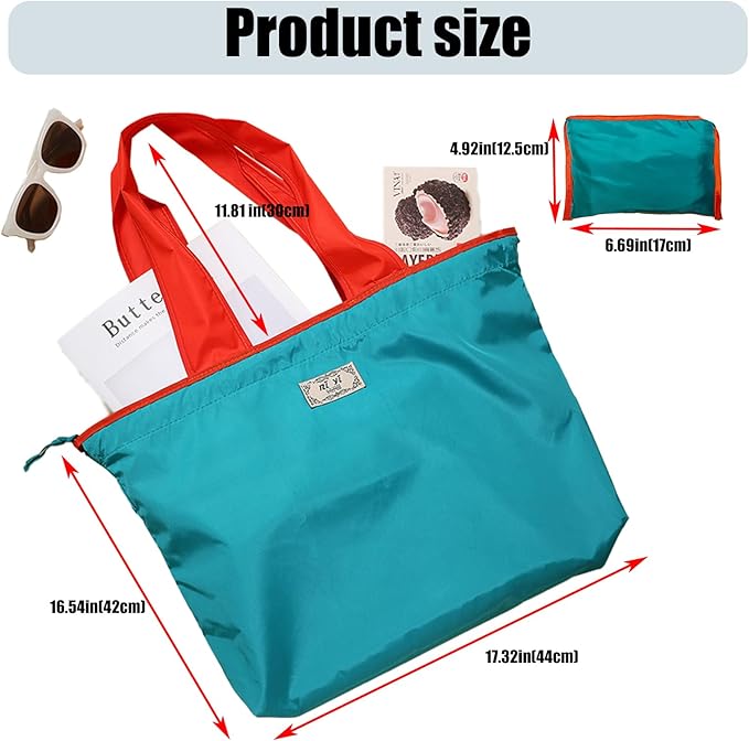 4PC Foldable Reusable Shopping Bags 210D Nylon Waterproof Travel Grocery Tote with Drawstring Mouth & Reinforced Handle
