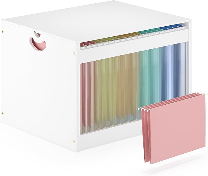 Hanging File Box Organizer for Letter Size, Bamboo Acrylic File Folder Storage with Lid Clear Moving Boxes Wooden with Handle