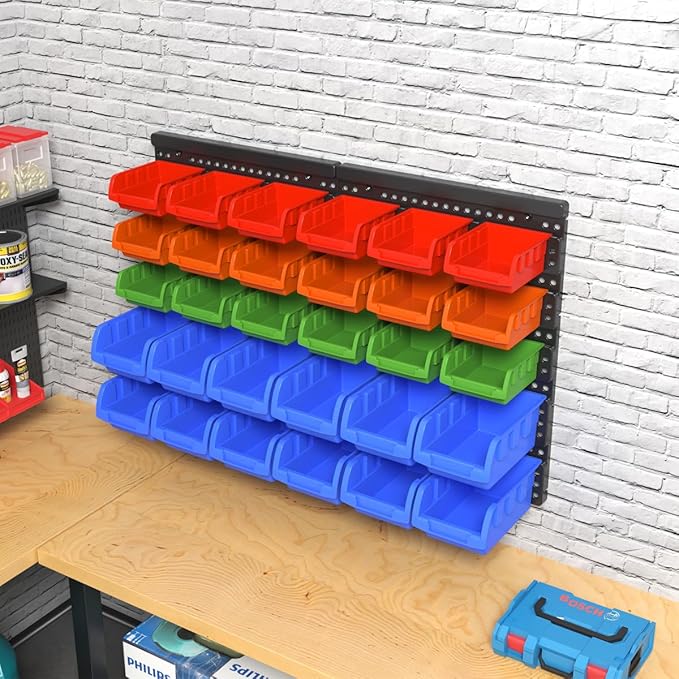 Wall Mounted Storage Bins Parts Rack 4 Colors Garage Plastic Shop Tool Organizer, ABS Plastic Garage Rack, Screw Storage 30 B