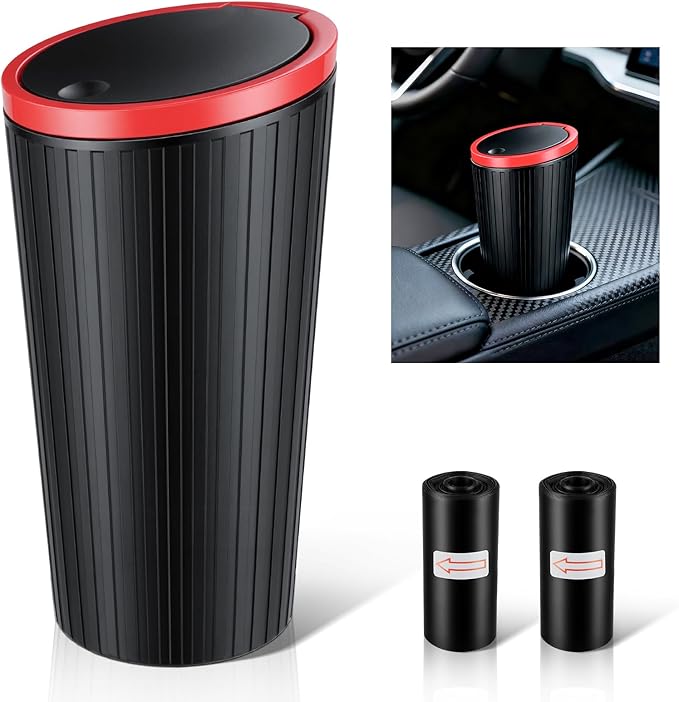 SINGARO Car Trash Can with Lid, Leakproof Mini Garbage Bin for Car Cup Holder, Small Trash Can for Vehicle, Home & Office - Includes 30 Bags, Easy Clean (Black-Red)