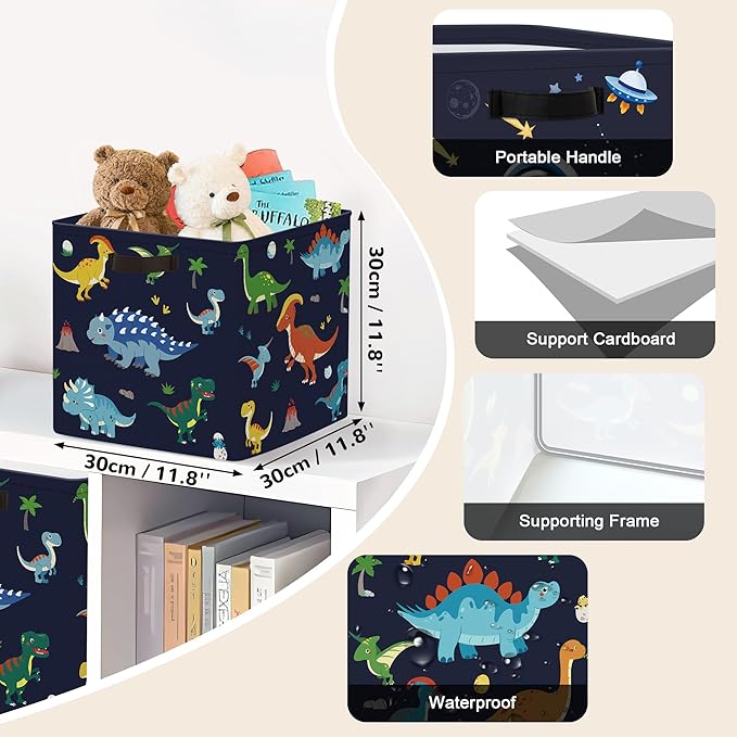 Clastyle 3 pcs Dinosaur Cube Storage Unit Bin with Metal Frame Volcano Kallax Box for Shelves Parents Closet Organizer Basket