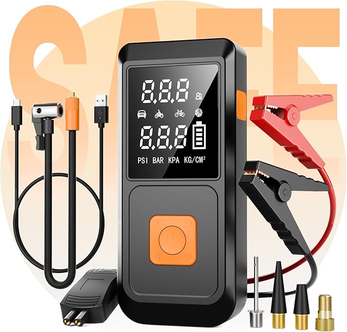 GOLDFOREST Car Battery Jump Starter with Air Compressor 4000A 150PSI, Portable Car Jumper Starter (10L Gas/8L Diesel), 12V Jump Box with Auto-Stop Tire Inflator, LCD Display, LED Light, Jumper Cables