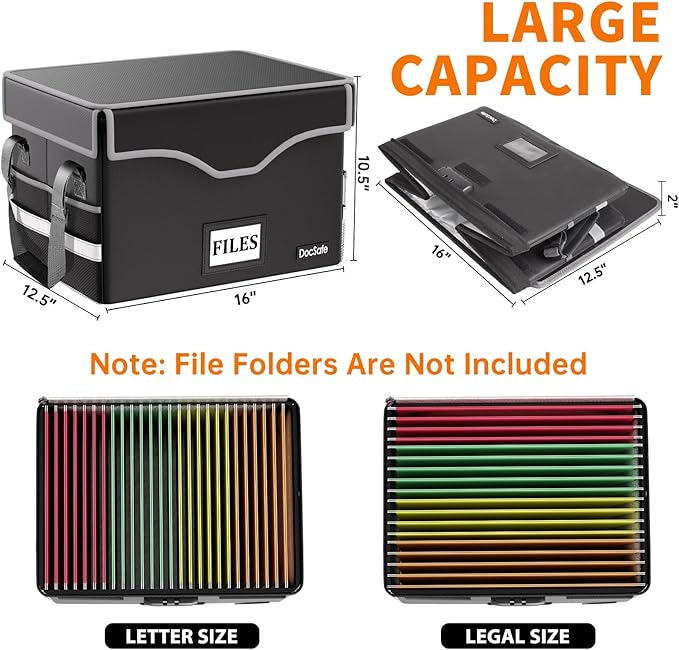 DocSafe 5200°F Fireproof Document Box with Lock,Heat Insulated File Organizer Storage with Pockets,Collapsible Portable Home 