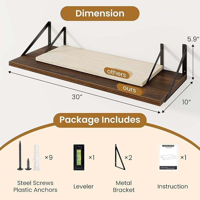 Deep Floating Shelves for Wall,30" Wx10 D Wood Floating Shelf Set of 2,Sturdy Metal Bracket Wide Display & Storage,Wall Mount