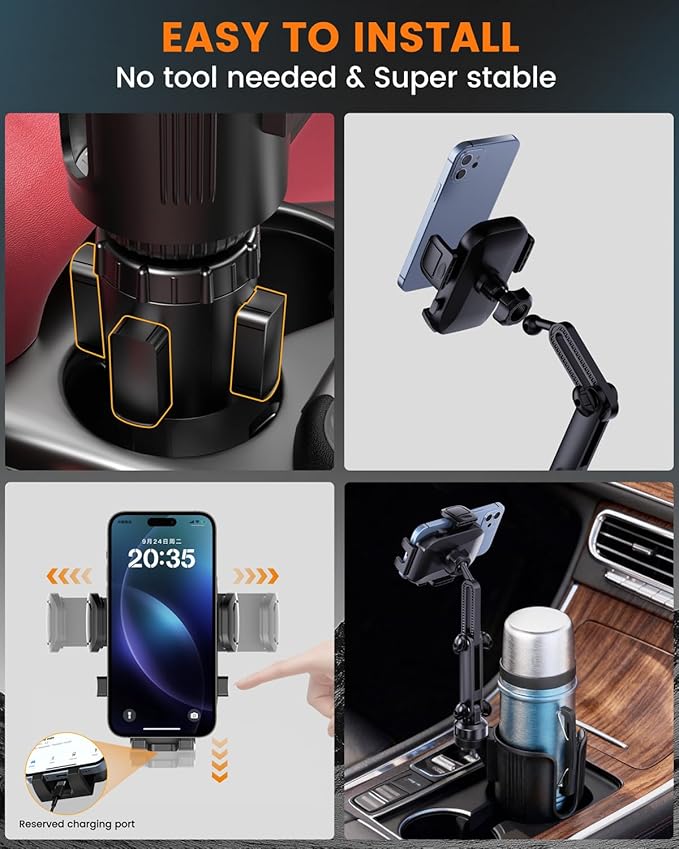Cup Phone Holder for Car with Expandable Base, Upgraded 2 in 1 Hands Free Cellphone Holder Cupholder Car Mount, Stable Retrac